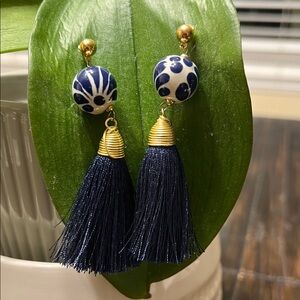 Elegant Blue and Gold Tassel Earrings